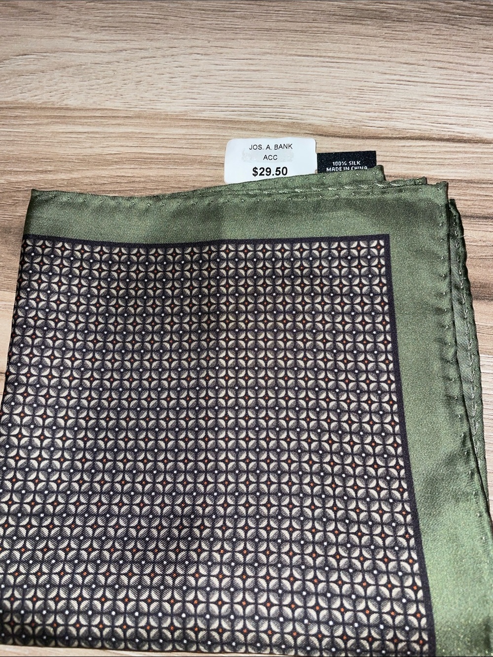 Jos. A. Bank Olive Green Silk Pocket Square with Geometric Center
